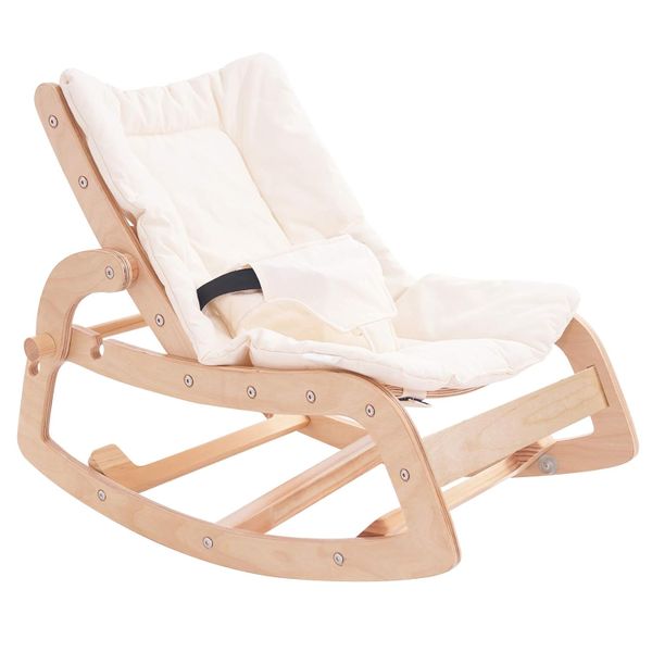 Adjustable Wooden Rocker Chair,Baby Lounger w Removable Cushion Seat belt