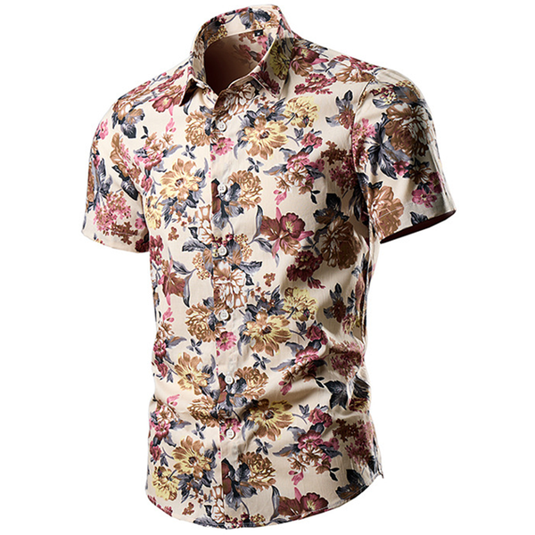 Men Short Sleeve Floral Big Size Print Casual Shirt Button Down Slim Fit