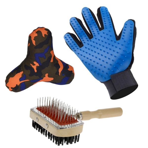Dog Care Combo - Chew Toy with Squeaker, Grooming Glove &amp; Brush - 3 Pack