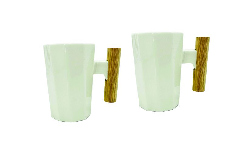 2 Set Ceramic Coffee/Tea Mug With Wooden Handle