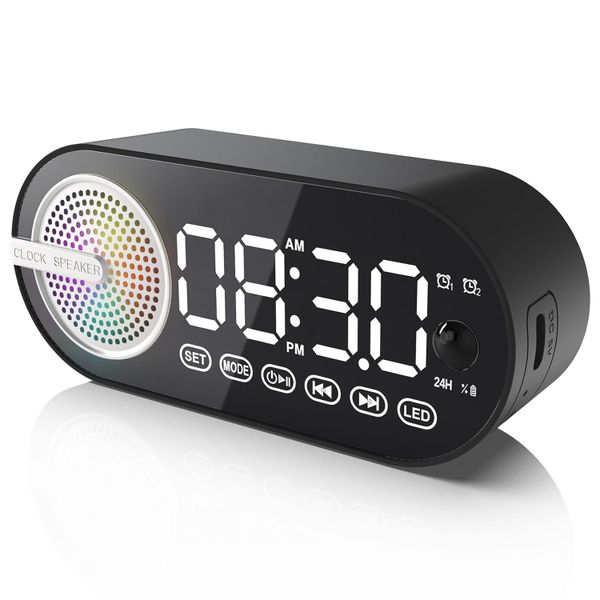 Bluetooth Speaker Clock with FM Radio &amp; Dual Alarms, Mirror Display, 5.0