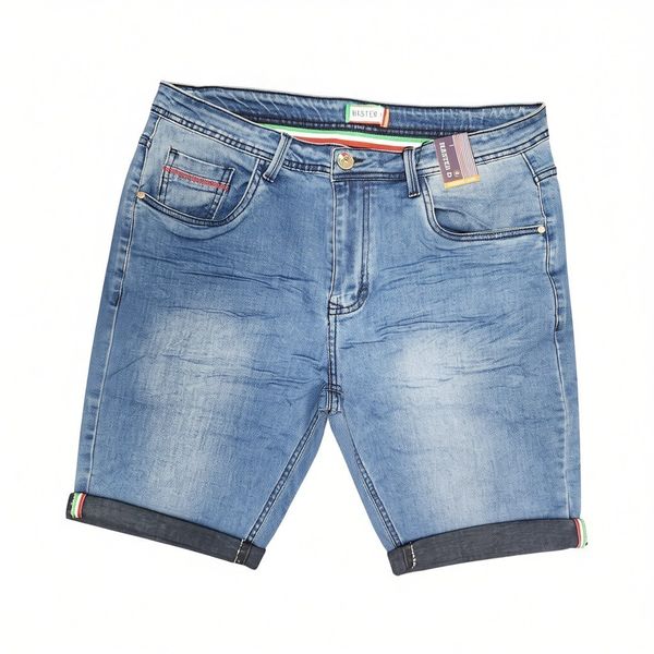 Men's Blue Denim Shorts Stretch Slim Fit Rolled Hem Jean Short Pants Style