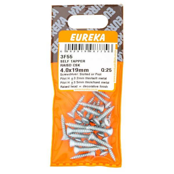 EUREKA Self-Tapper Raised Head Countersunk 4 x 19mm Q:25 3F55