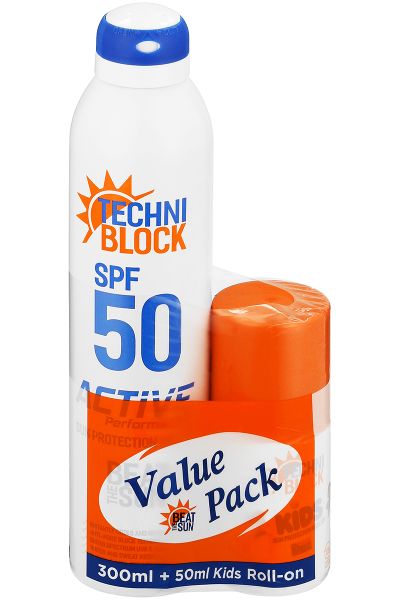 Techniblock SPF50 Sun Protection Spray - 300ml and Kids Roll-On Value Pack