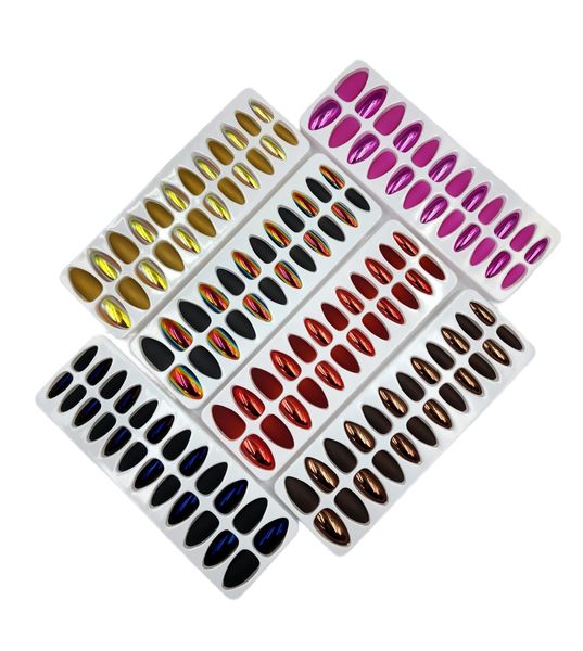6x24 Artificial Nails Matte &amp; Metallic Multicolour Almond Shape Set 2