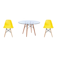 3 Piece Glass Table and Yellow Wooden Leg Chairs