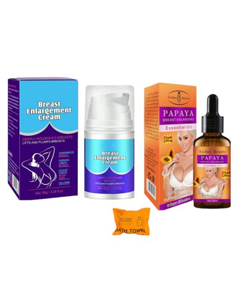 Breast Enlarging Oil &amp; Cream Set &amp; Compressed Travel Towel