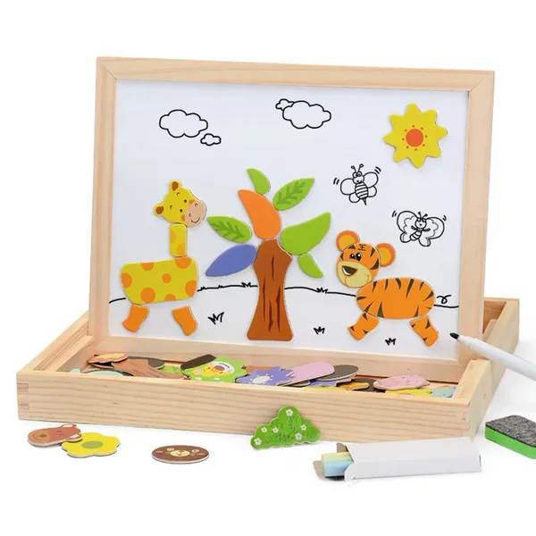 Educational Animal Magnetic Puzzle Wooden Drawing Board Easel Toy Gift 3Y+