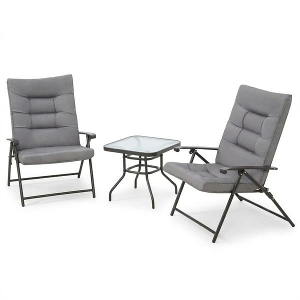 MFurn Ventura 3-Piece Folding Patio Set - Padded Chairs &amp; Glass Table