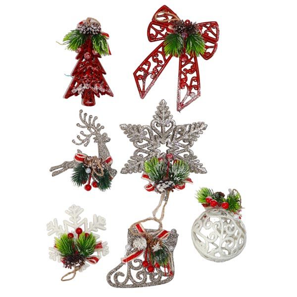 7Pcs Christmas Tree Hanging Ornaments - Red / White And Silver Mixed Set B