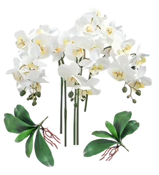 Artificial White Orchid Flower Bouquet &amp; Leaves Plant Home Decoration - 7 Piece