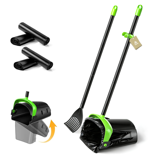 Topika Pet Pooper Scooper Long Handle Swivel Bin &amp; Rake with 40 Waste Bags