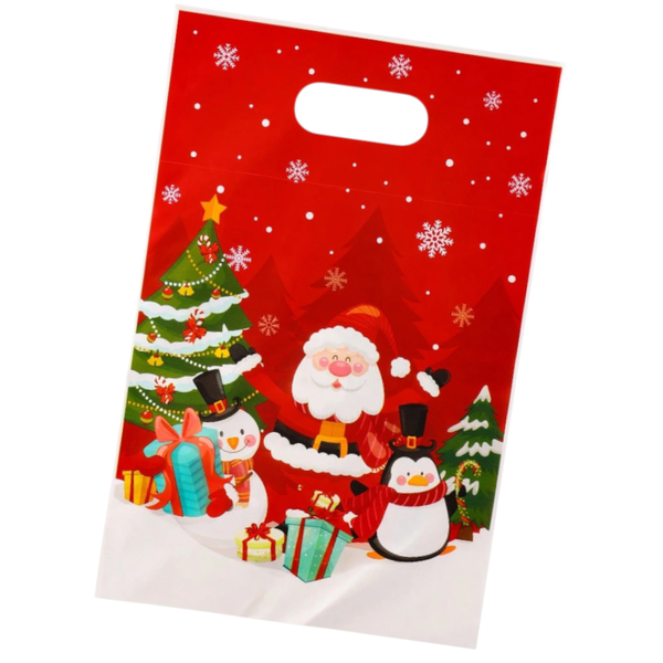 25 Pack - Santa, Penguin &amp; Snowman Design Merry Christmas Gift Bags - Red