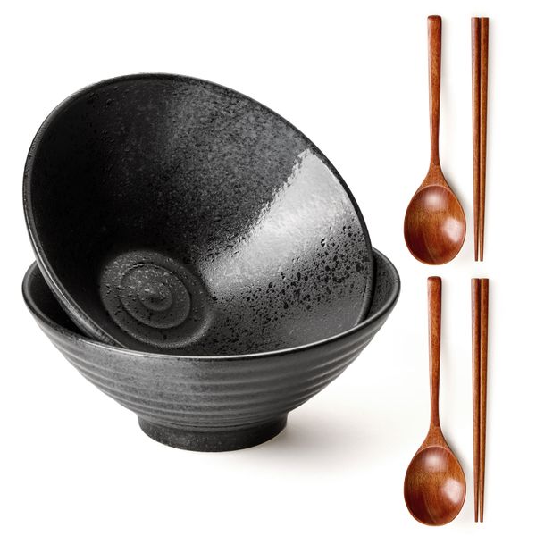 Chenshia 2-Pack Ceramic Ramen Bowls with Chopsticks - Microwave Safe