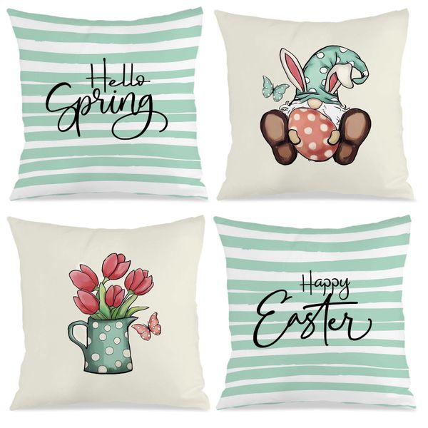 4Piece Striped Easter Bunny Pillow Covers, 45x45cm Polyester Cushion Cover