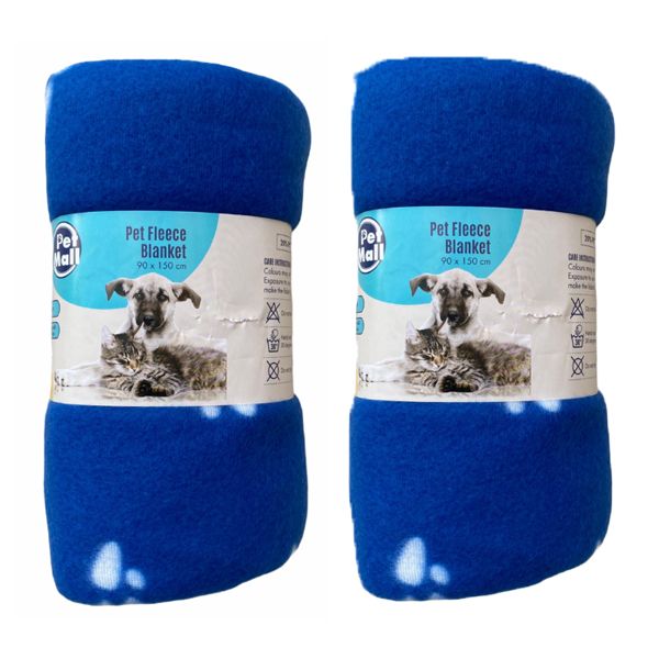 Pet Mall Pet Fleece Blanket Blue Paw Print (76 x 100cm) - 2 Pack