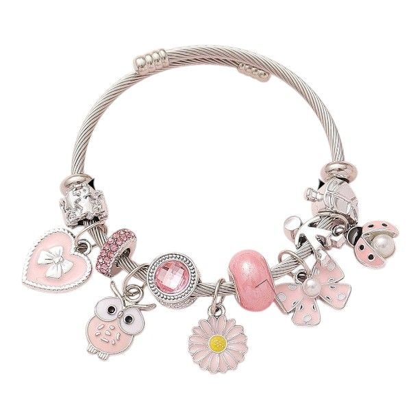 Silver Charm Bracelet With Adjustable Bangle for Women - Pink