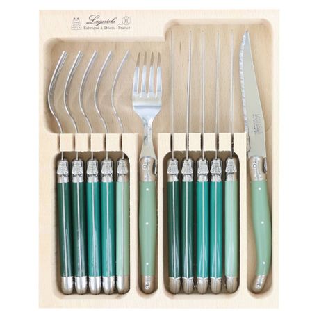 Jean Dubost Laguiole 12pc Steak Knife & Fork Set, Turquoise