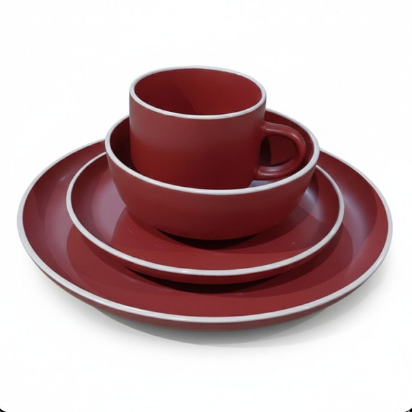 16 Piece Dinnerset Lipped Stoneware Red White