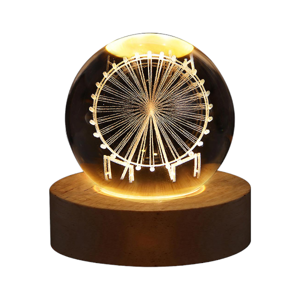 3D Ferris Wheel Crystal Ball LED Night Light With Bamboo Base - Transparent