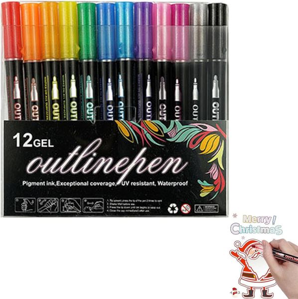 12pcs of Double-Line Outline Fluorescent Markers, Metallic Highlighters