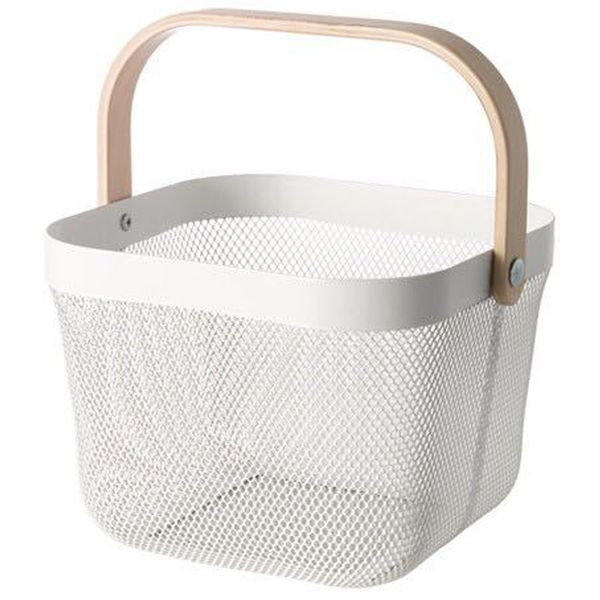 Mesh Storage Basket with Wooden Handle - Cream - Small