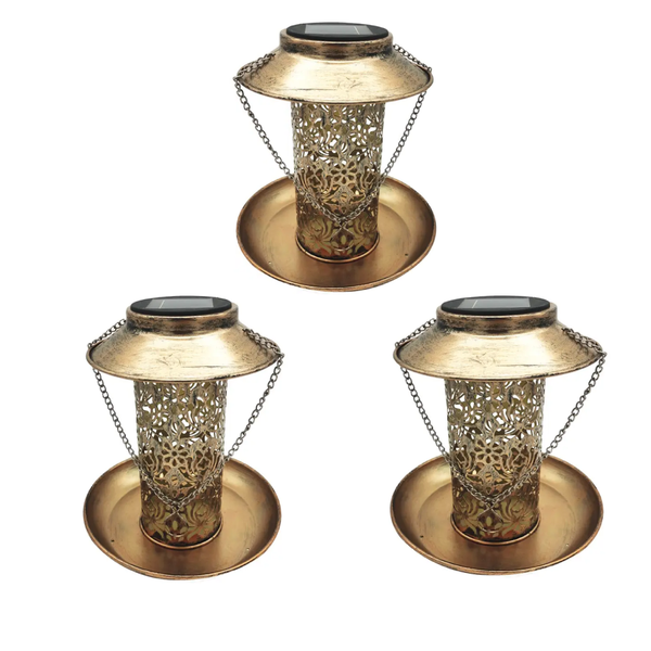3-Pack Vintage LED Solar Bird Feeder - Metal Outdoor Hanging Light Bundle