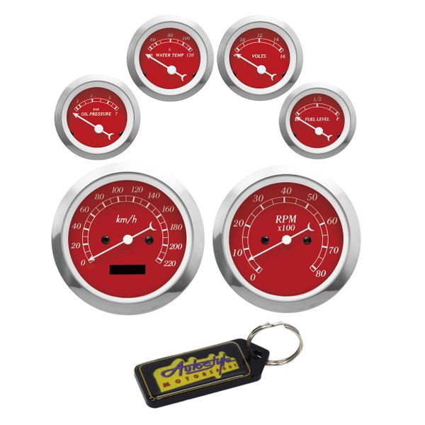 Autogauge Classic Series 6 Piece Gauge Set - Red &amp; Gel Key Holder