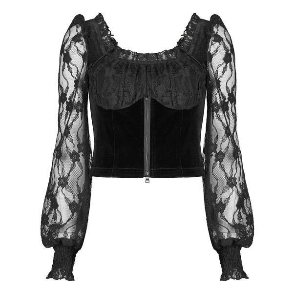 PUNK RAVE Square-Neck Velvet-Paneled Lace Top