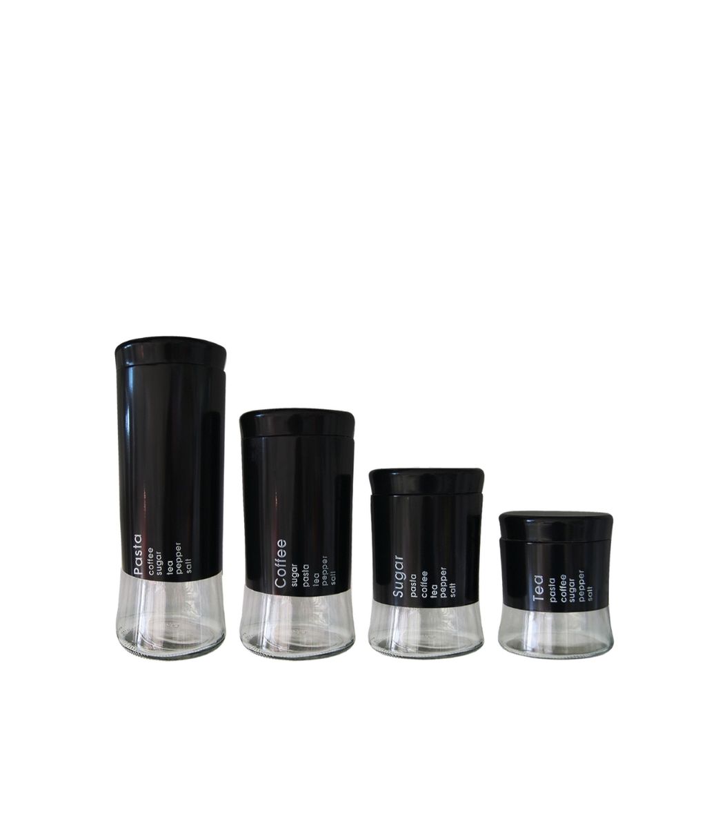 4 Piece Decadent Glass Jar Canisters Coffee, Sugar, Tea and Pasta