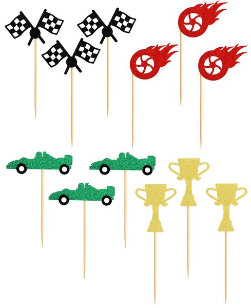 Glitter Race Car Themed Cupcake Toppers (12 Toppers)