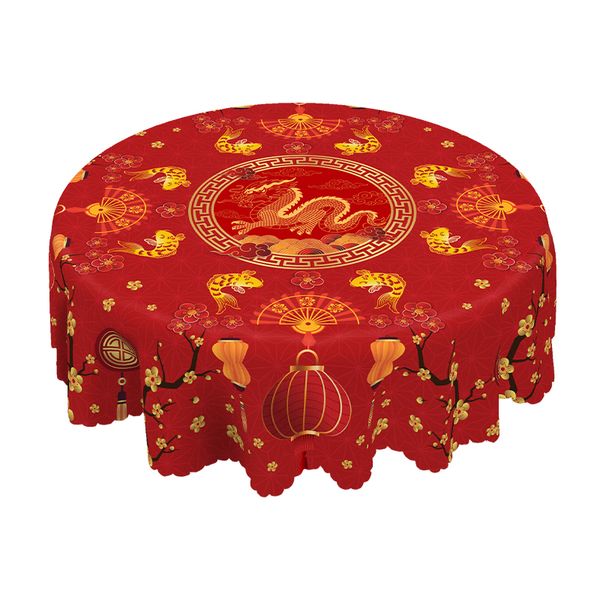 Round Tablecloth - Machine Washable - Lunar New Year Decor - Red
