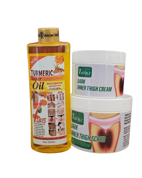 Dark Inner Thighs Brightening Cream, Scrub and Tumeric Brightening Oil