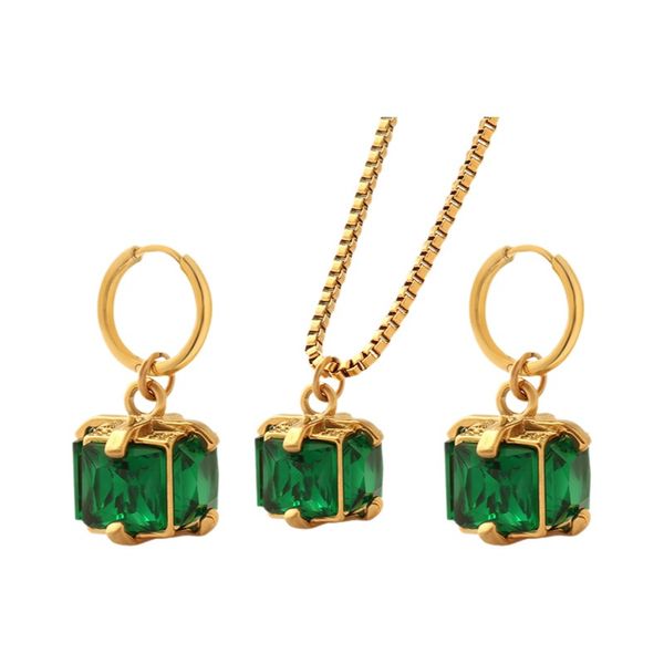 Emerald Zircon Necklace &amp; Earrings Set, Titanium Steel, Minimalist