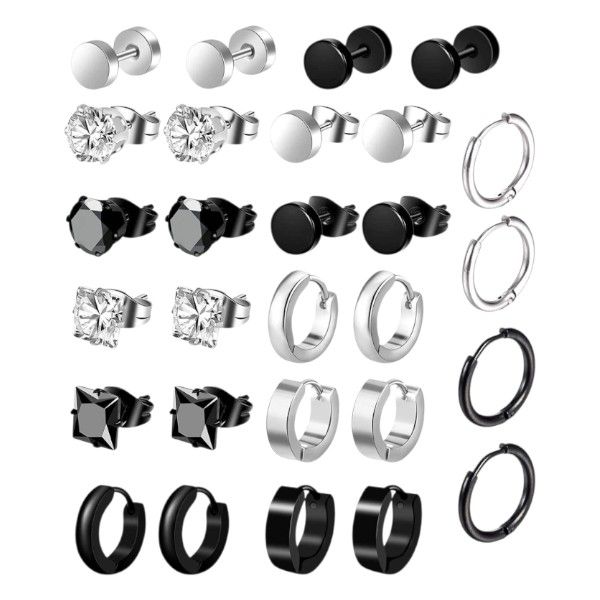 14 Pairs - Stud &amp; Hoop Earring Set - Black, Silver