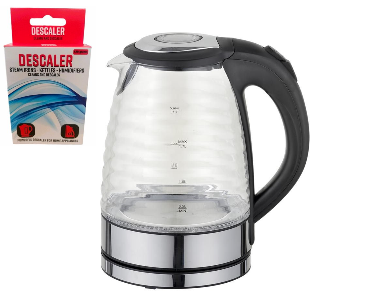 Sunbeam 1.7 Litre Ribbed Glass Kettle Black and Home Hub Descaler