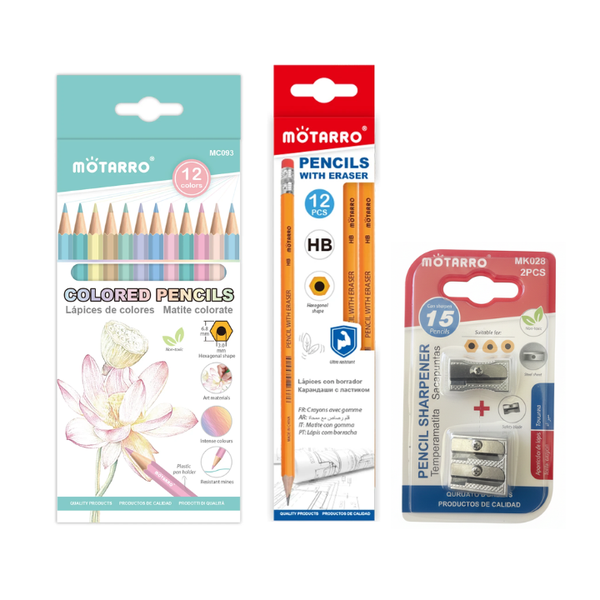 Motarro Stationery Set - 12 HB Pencils, 12 Pastel Pencils &amp; 2 Sharpeners