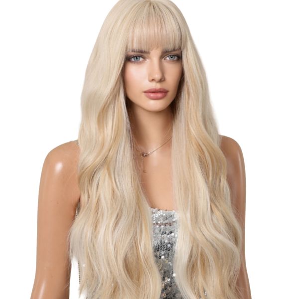 Women's Barbie-Style Long Wavy Hair With Bangs - Platinum