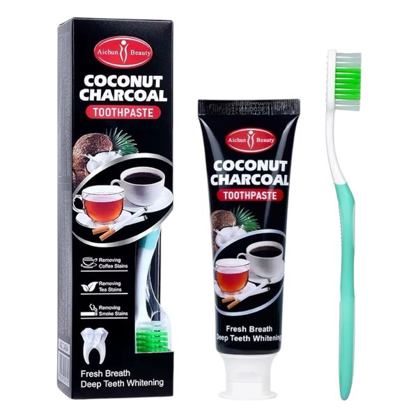 Aichun Beauty Coconut Charcoal Toothpaste &amp; Toothbrush Set Stain Whitening