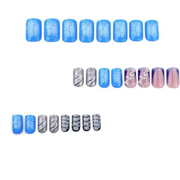 Nails Short Length Blue Smudge False Nails 3D Stripe Silver Starlink Design
