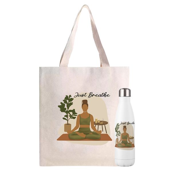 Just Breathe Fitness And Yoga Canvas Tote Bag &amp; Water Bottle Gift Set
