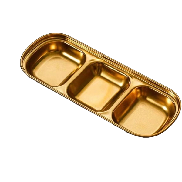 Serving Plate with 3 Grids, Snack Plate, Stainless Steel Sauce Dish