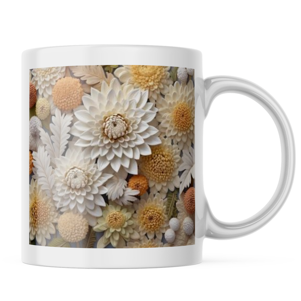 Ceramic 3D Cream and White Flowers Mug - White - 11 OZ