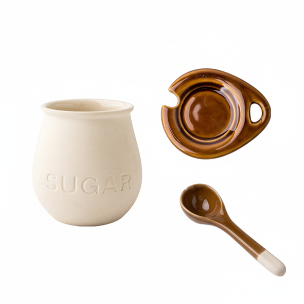 Small Ceramic Jar Set With Lid And Spoon - White And Brown