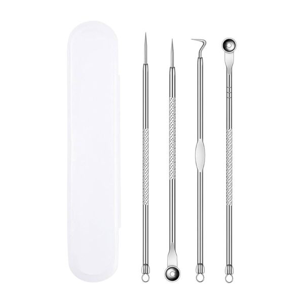 4-Piece Stainless Steel Acne Extraction Set with Storage Box - Silver