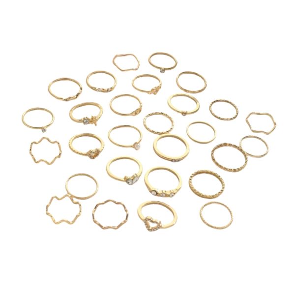 28-Piece Luxury Gold Heart and Star Rhinestone Ring Set