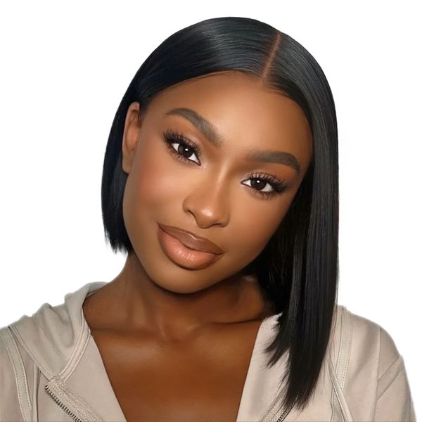 Black In 8Inch Brazilian Hair Glueless Full Frontal Straight Bob Wig
