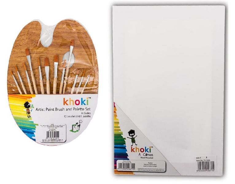 Art+Craft Paint Palette, 12pc Brushes &amp; A3 Wood Mounted Canvas
