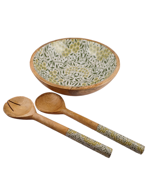 Wooden Decorative Bowl with Salad Server Set
