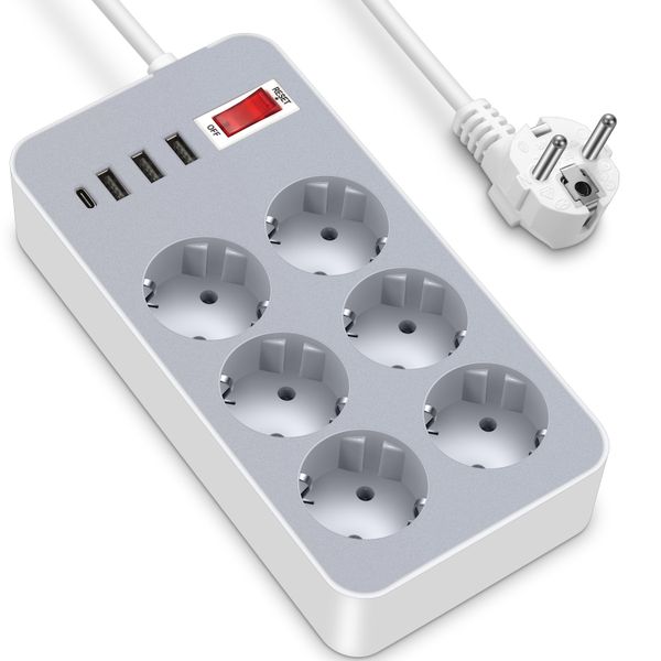 4FT European Plug Power Strip Surge Protectors 6AC Outlets +3 USB+ 1 Type C